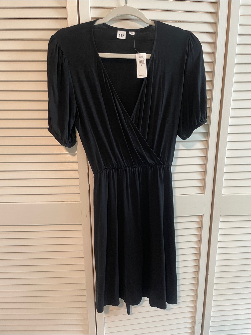 GAP Black Faux-Wrap Midi Dress with Puff Sleeves